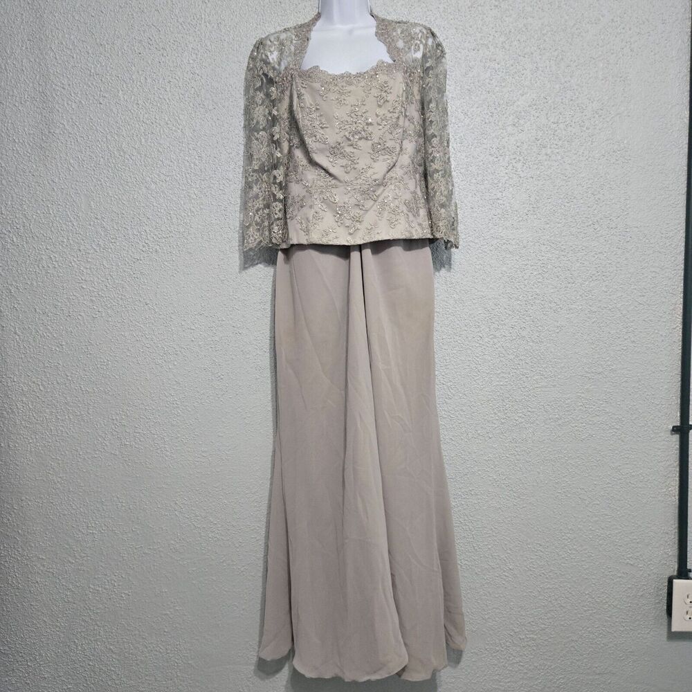 Vintage Landa Silver‎ Beaded Sequin Maxi Evening Prom Dress Size 14 90's Y2K